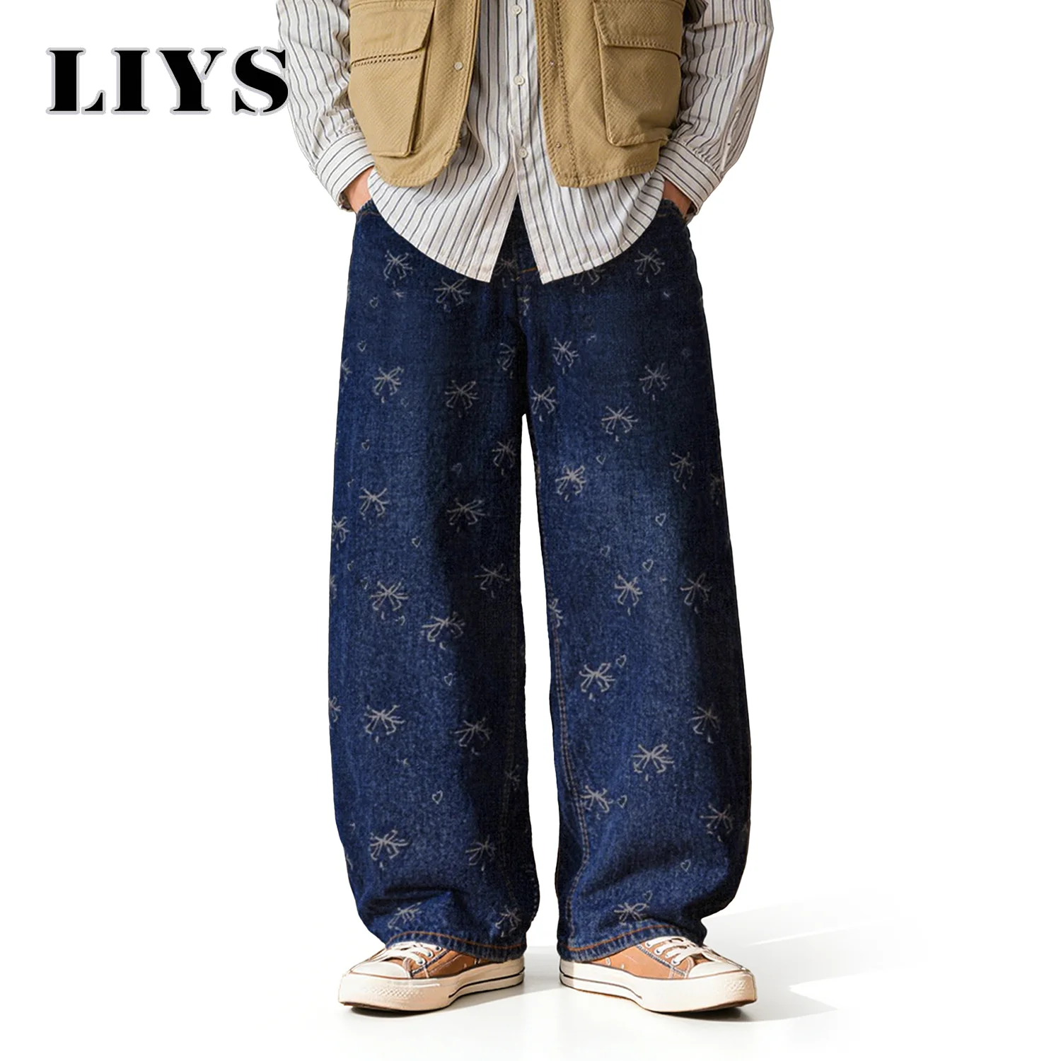 

LIYS Japanese/Korean Fashion Bow Jacquard Baggy Wide-Leg Jeans American Retro Bow Jacquard Extra Wide-Leg Denim Pants Unisex ﻿