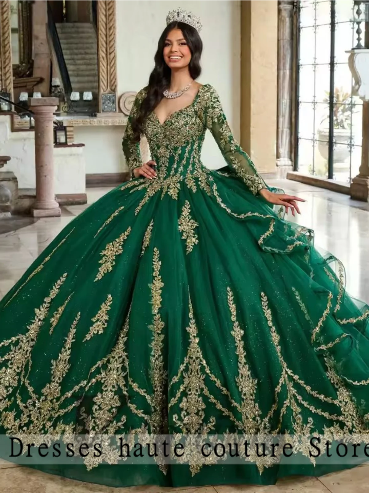

New Long Sleeves Applique Lace Tull Party Birthday Vestides De 15 Anos Emerald green Shiny Princess Sweet 16 Quinceanera Dresses
