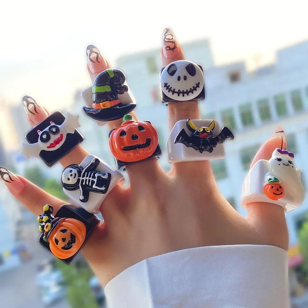 Cartoon Ghost Pumpkin Hat Grimace Ring for Women Funny Casual Cute Resin Ring Fashion Jewelry Halloween Party Accessories Gift