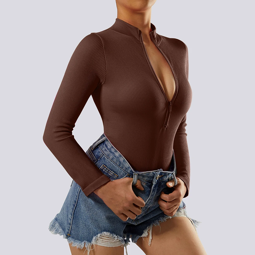 Slim Ladies Sexy Bodysuit Solid Fashion Skinny Bodycon Women Bodysuit Long Sleeve V-Neck Casual Black Beige Female Bodysuit