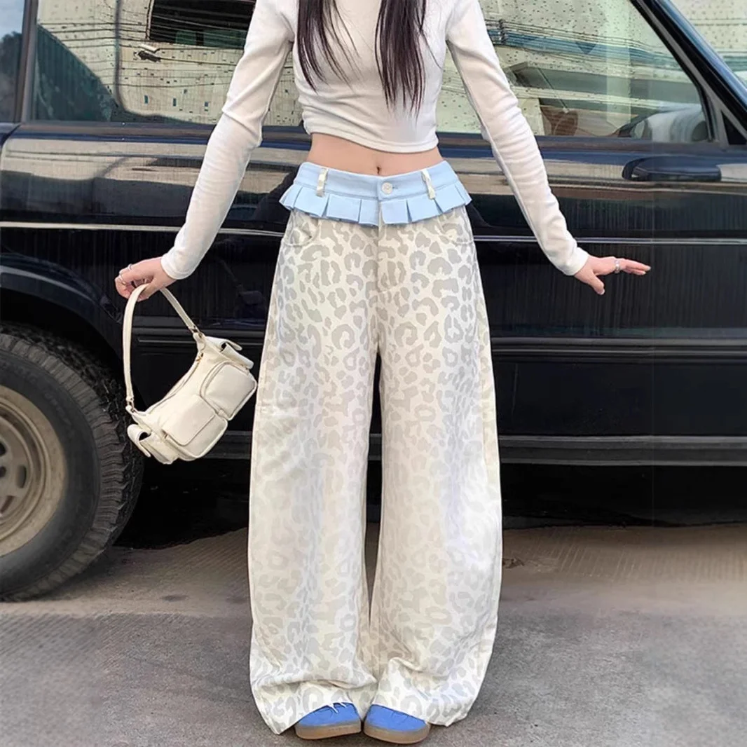 European American Retro Washed Leopard Print Jeans Spring/Summer New Spicy Girl Splice Small Skirt Trousers High Street Pants