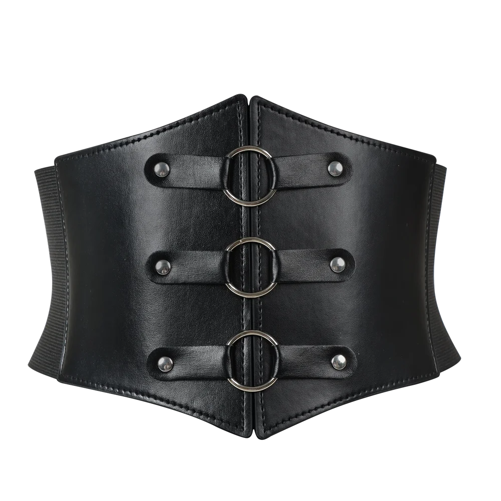 Fashionable Gothic Corset Belt Triple Buckle with Black Rivet Studs Elastic Waspie Waistband for Punk Women Perfect for Coats