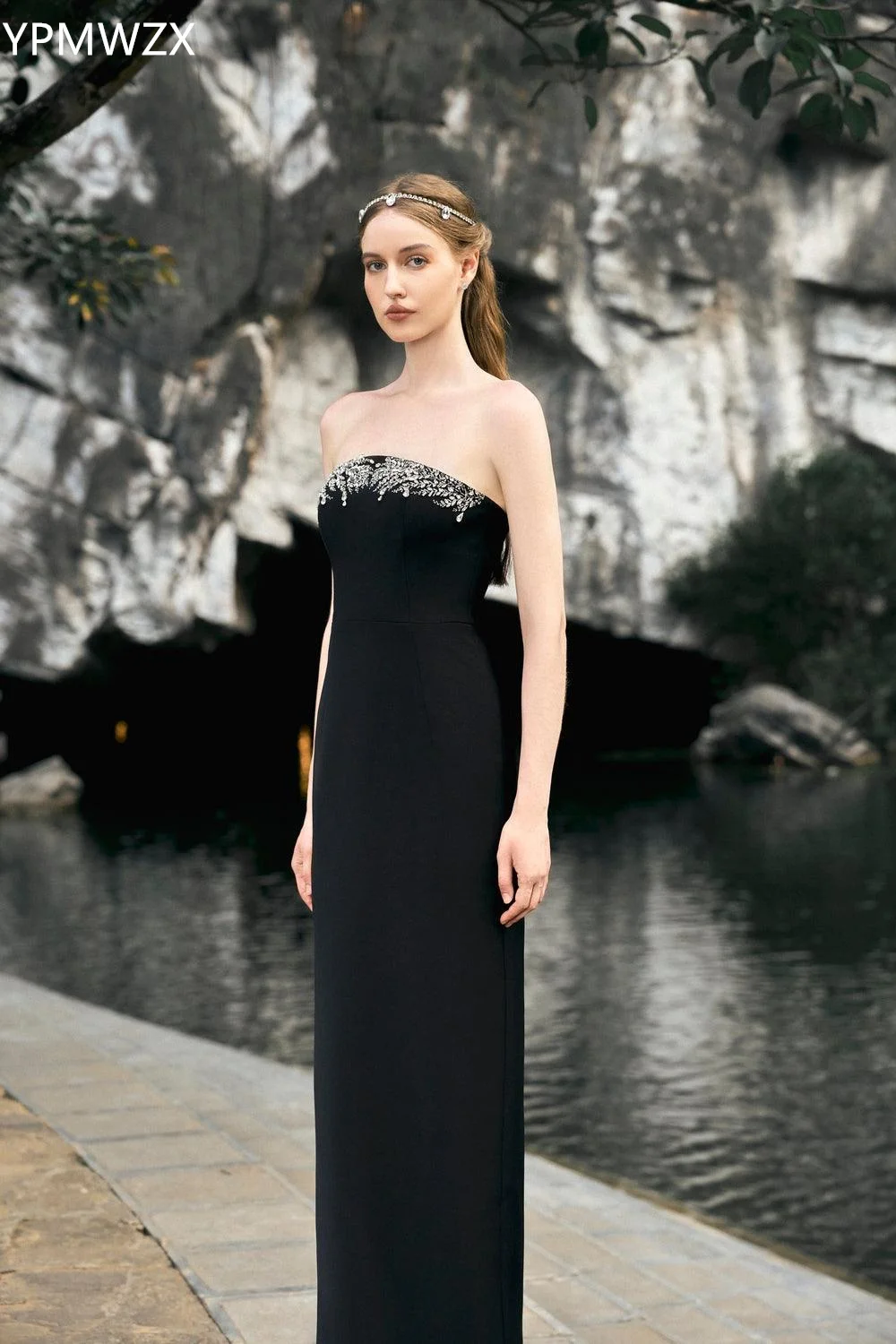 Customized Prom Gown Evening Women Party Occasion YPMWZX Strapless Column Floor Length Skirts Beading Sleeveless Vertically Besp