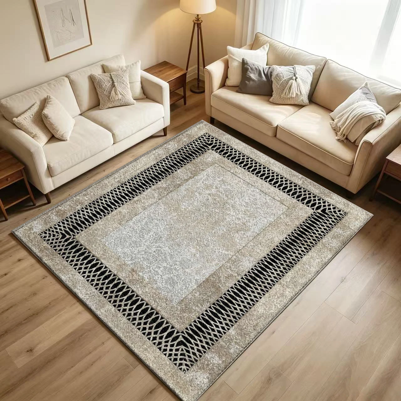 Modern Geometric Border Area Rug, Simple Non-Slip Floor Carpet for Living Room Bedroom Home Decor