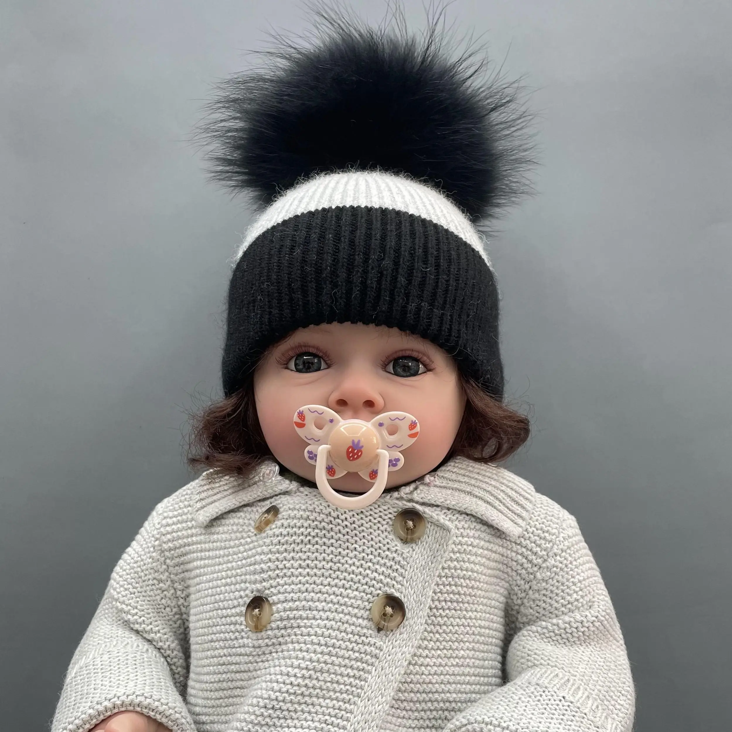 Janefur-Faux Fur Pom Pom Hats, Detachable Warm Angora, Knitted Beanie, Soft, Big Bobble Hats, Mother, Kid, Toddler, Winter