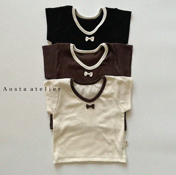 Summer Boy Girl Children Bow Short Sleeve T-shirt Baby Simple Casual Tops Kid Comfort Thin Cotton Tees All-match Infant Tshirt