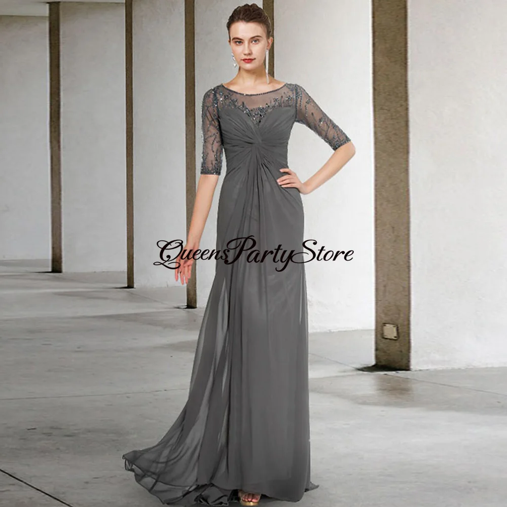 

Summer Grey Mother of The Bride Dress Half Sleeves Scoop Neck Beading Sequin Pleat Sweep Train Chiffon Wedding Party Dresses