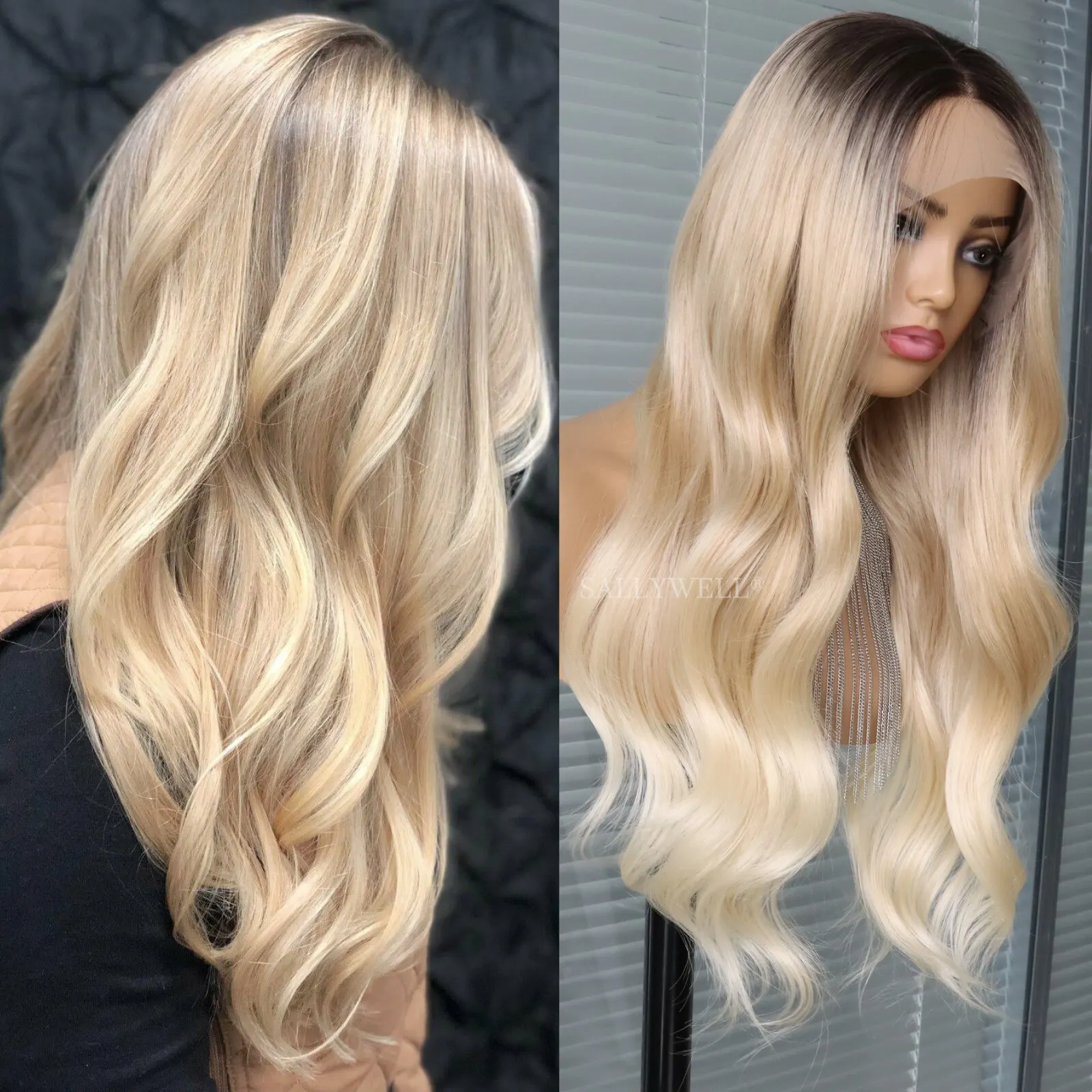 Ombre Blonde Syntetyczna koronka przodu peruka dla kobiet Długie faliste czarne do jasnobrązowych peruk typu Body Wave Wstępnie oskubane Odporne na