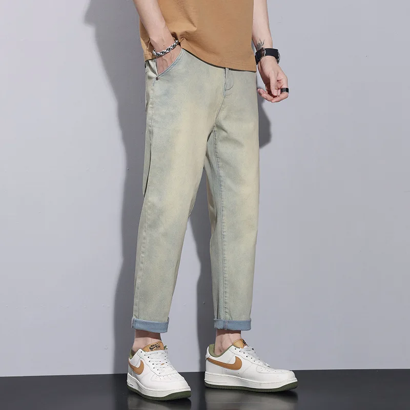 Men\'s Summer Pants Baggy Jeans New Men\'s Clothing Elastic Loose Small Straight Leg Cropped Jeans Casual Versatile Denim Trousers