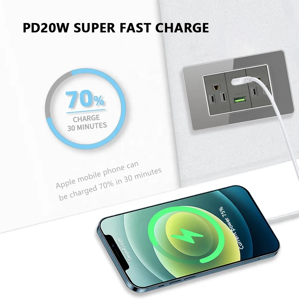 Grey Tempered Glass American USB Type-C 20W Smart Fast Charging Wall Socket Plug,Mexico Thai Dual usb Power Outlet Light Switch