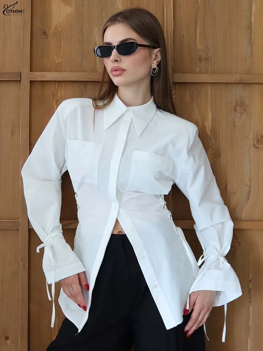 

Oymimi Fashion White Cotton Women's Shirt Elegant Lapel Long Sleeve Single Breasted Shirts Casual Pockets Lace-Up Shirts Female
