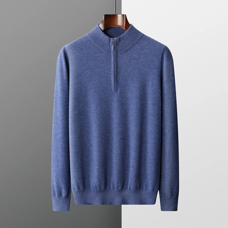 Men's 100% Goat Cashmere Half High Collar Zipper Pullover 2025 Spring Autumn New Knitted Base Sweater Business Casual Men's Wear