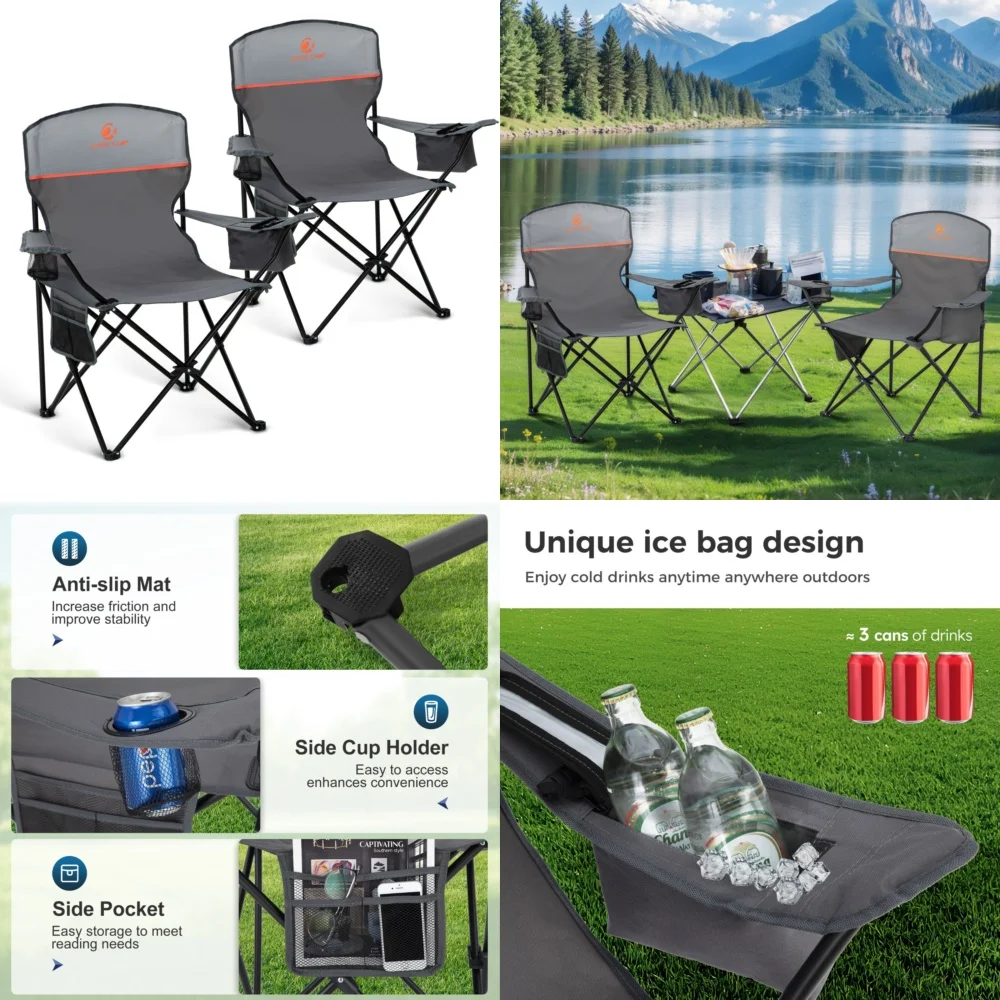 

camping chair2 Pack Heavy Duty Camping Chairs Portable Folding Chairs with Cup Holder Ice Bag Outdoor Lightweight Lawn Chair for