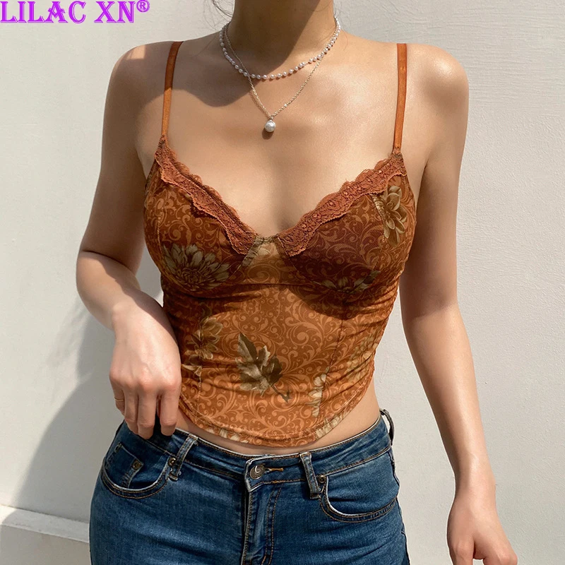 

Lilac XN Sexy Floral Mesh Corset Crop Top Y2K Aesthetic Brown Bodycon Basic Tank Top Vintage Summer Clothes for Women Streetwear