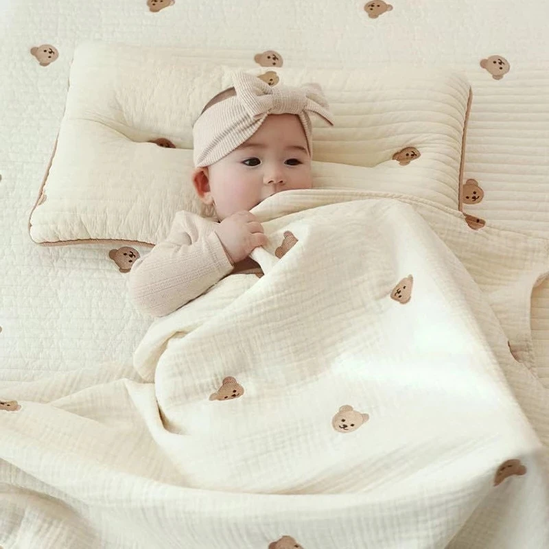 Ins Hot Newborn Baby Blanket Korean Bear Embroidery Kids Sleeping Blanket Cotton Bedding Accessories