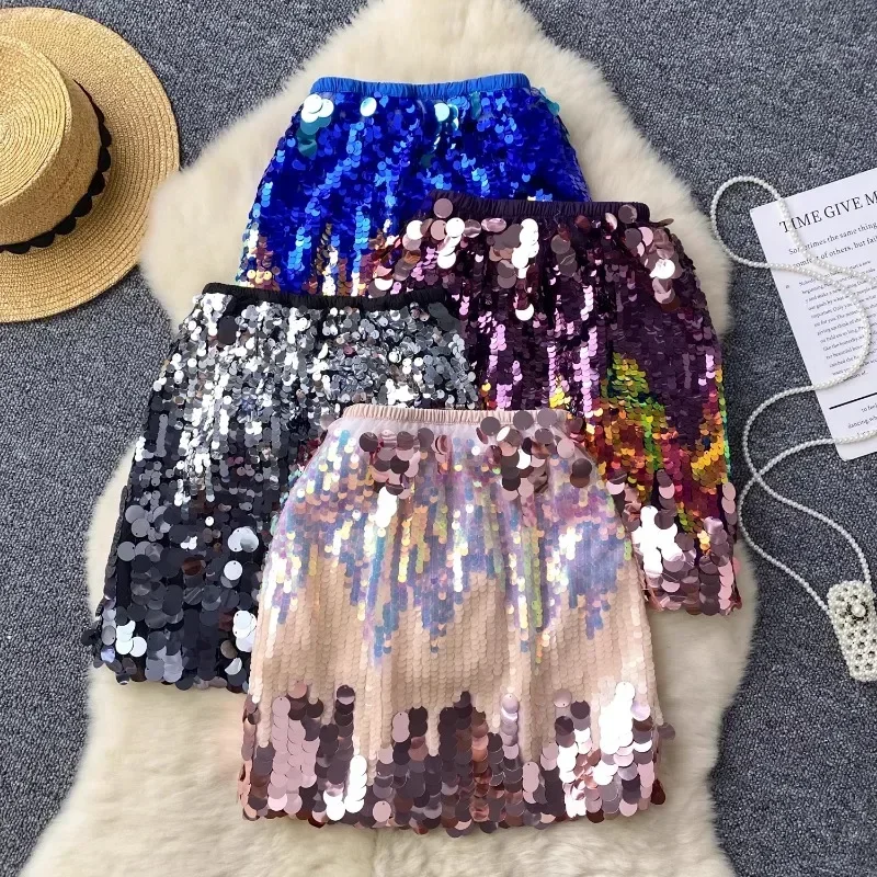 Summer New Female Colorful Sequin Skirts Women Sexy High Waisted Slim A-line Shiny Sparkling Buttocks Wrapped Mini Skirt