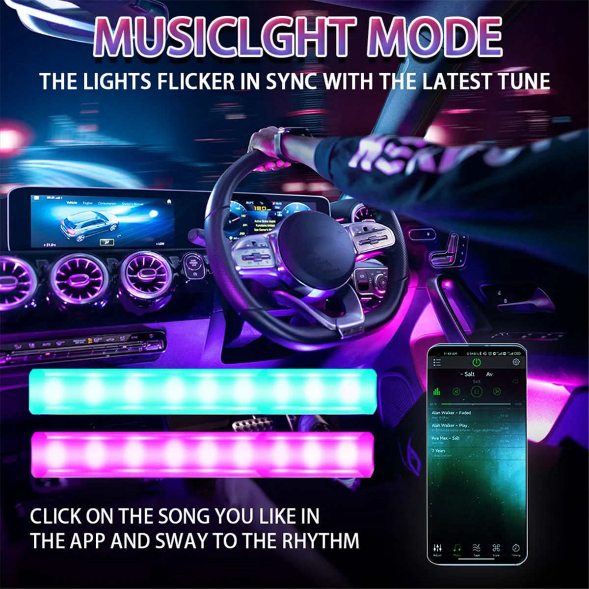 Car LED Lights Interior Smart with App Control, RGB Car Lights with Music and DIY Mode, 2 Lines Design with Car Charger