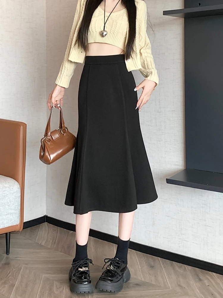 Woolen fishtail half body skirt women's autumn and winter 2025 new high waist slimming A-line commute mid length skirt
