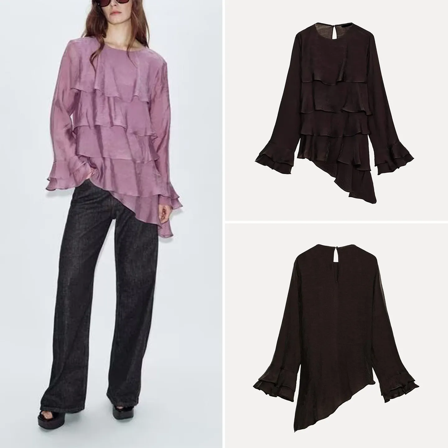 

Women's Asymmetric Layered Decorative Top Spring 2026 Fashion Style Loose Fit Long Sleeve UV Protection European Brand