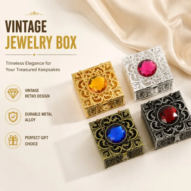 Vintage Style Metal Jewelry Box Gold Silver Color Ornament Storage Case Portable Trinket Container for Rings Earrings Necklaces