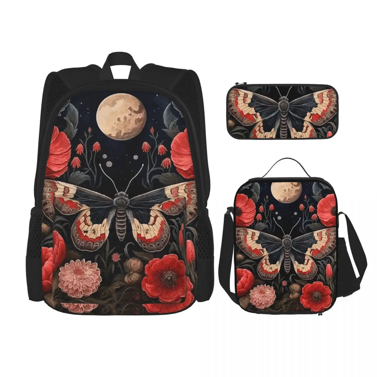 Boho Bee And Moth Butterfly Backpacks Students Bookbag School Bags Rucksack Lunch Bag Pen Bag Three-Piece Set