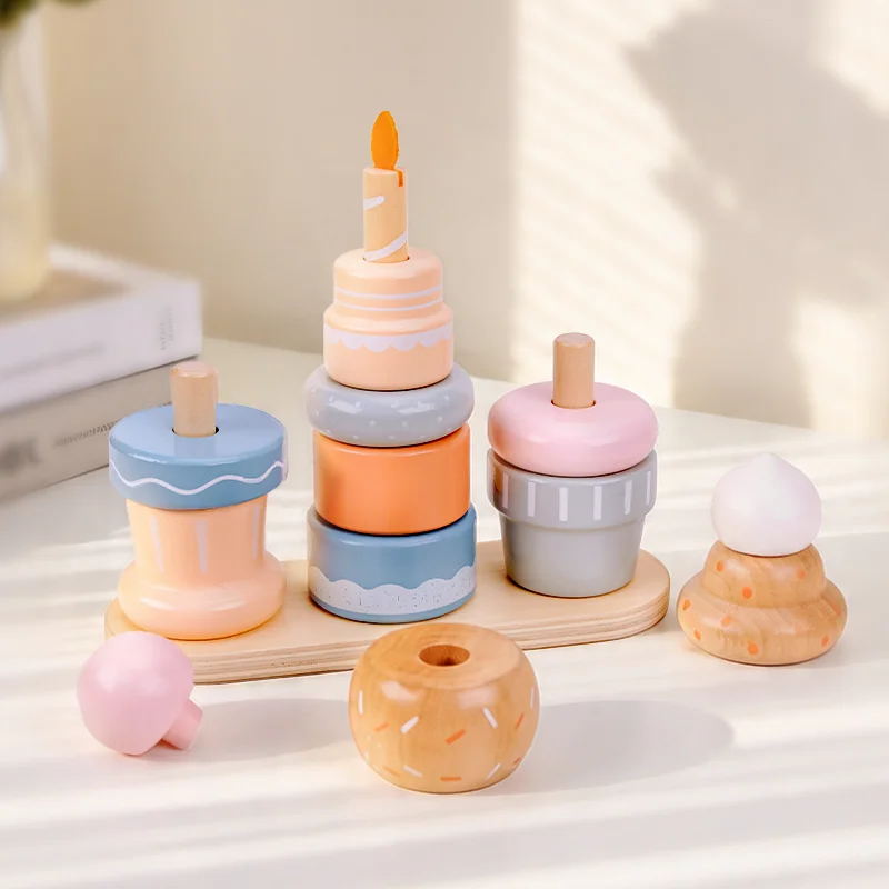 幼児向け木製ケーキ積み木おもちゃ、モンテッソーリカラー分類＆リングスタッカー教育玩具
