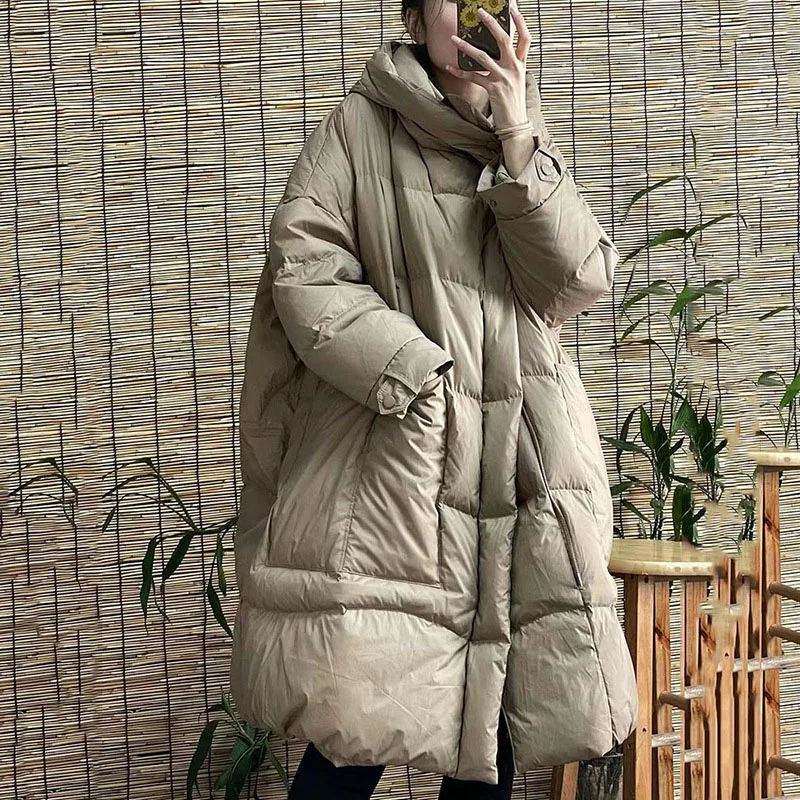 Korean Style Big Pockets Women White Duck Down Long Jacket with Hood Loose Over Size Coat Autumn Winter Warm Outwear 2023 New