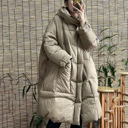 Koreanische Art große Taschen Frauen weiße Ente Daunen lange Jacke mit Kapuze locker über Größe Mantel Herbst Winter warme Outwear neu