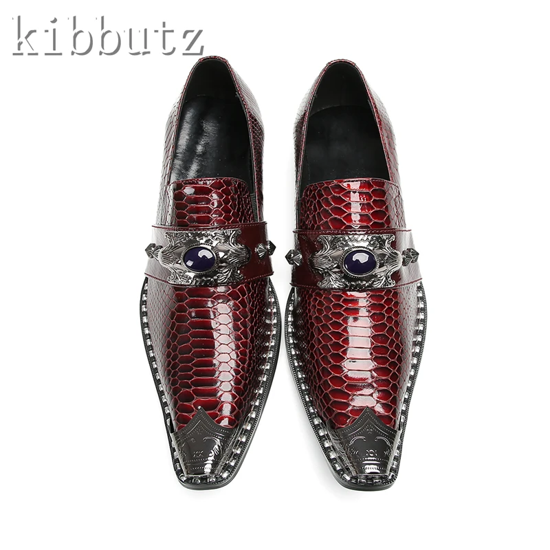 

Men Genuine Leather Wedding Suit Dress Shoes Wine Red Metal Toe Rivets Gemstone Buckle Formal Business Shoes