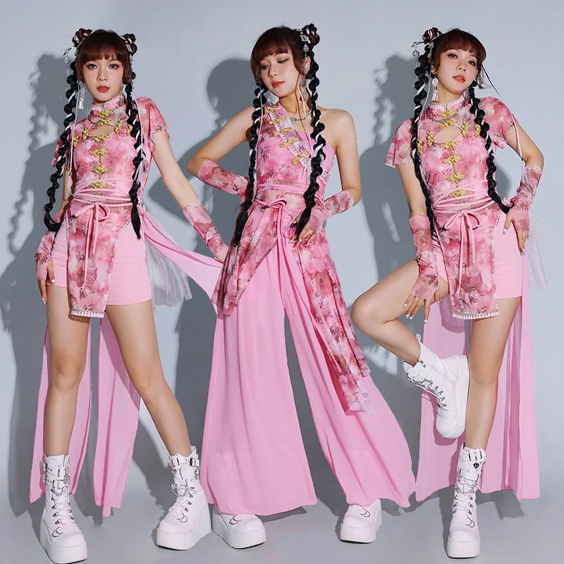 Костюм для группового выступления в китайском стиле для девочек, сексуальный розовый костюм для танцевальной девушки KPOP, групповой костюм для джазовых танцев