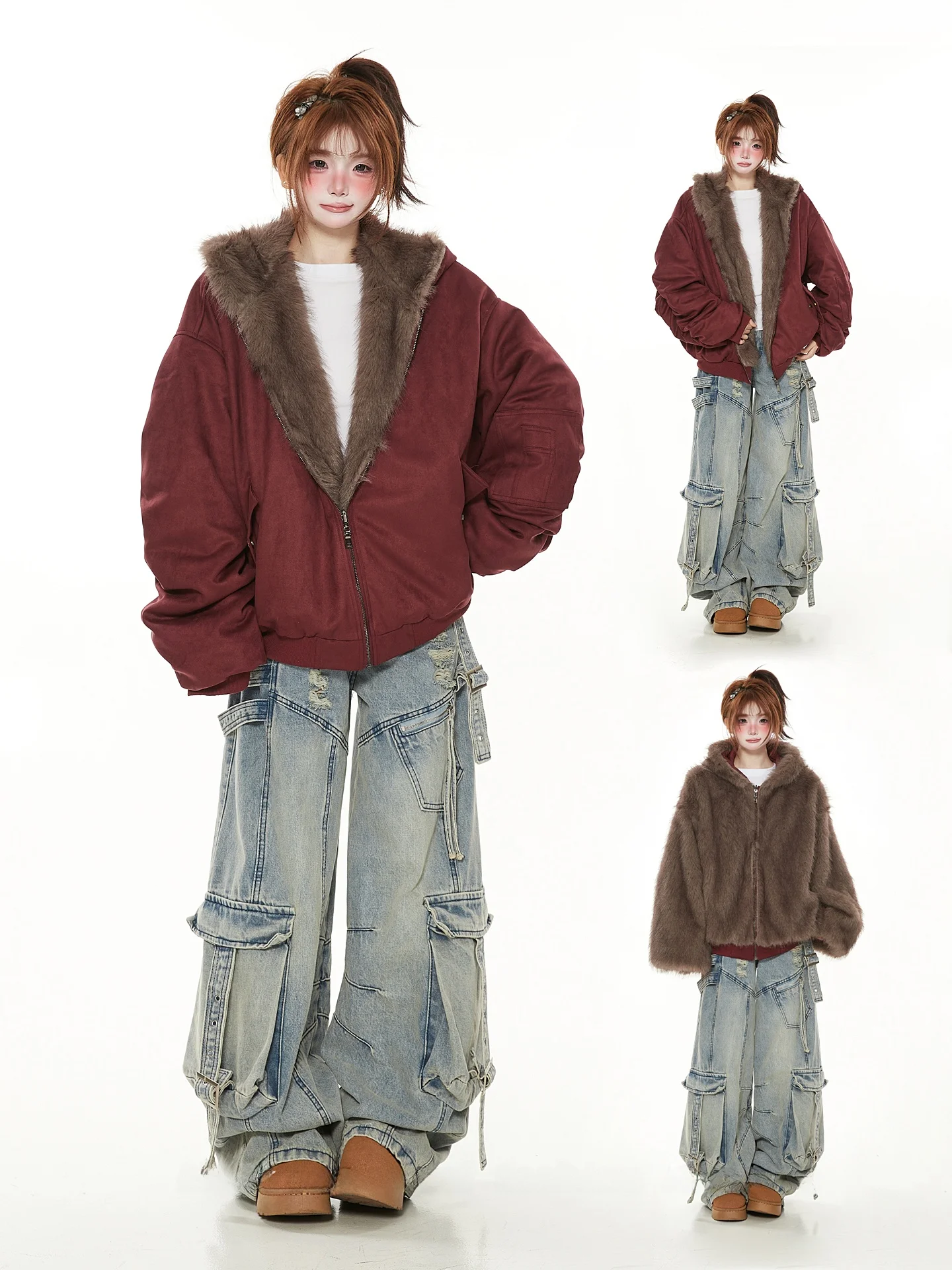 Double-Sided Wear American Red Hooded Cotton Jacket Women's Winter Warm Thickened Fur Cotton Coat Casual Commute Style