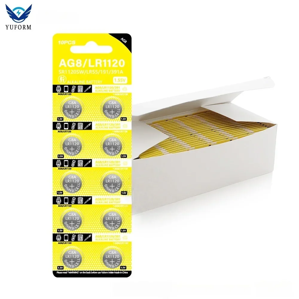 AG8 LR1120 Alkaline Button Battery 1.55V 50mAh Coin Cell for Watch Calculators LED Light Leak-Proof Design 191 LR55 391 SR1120SW