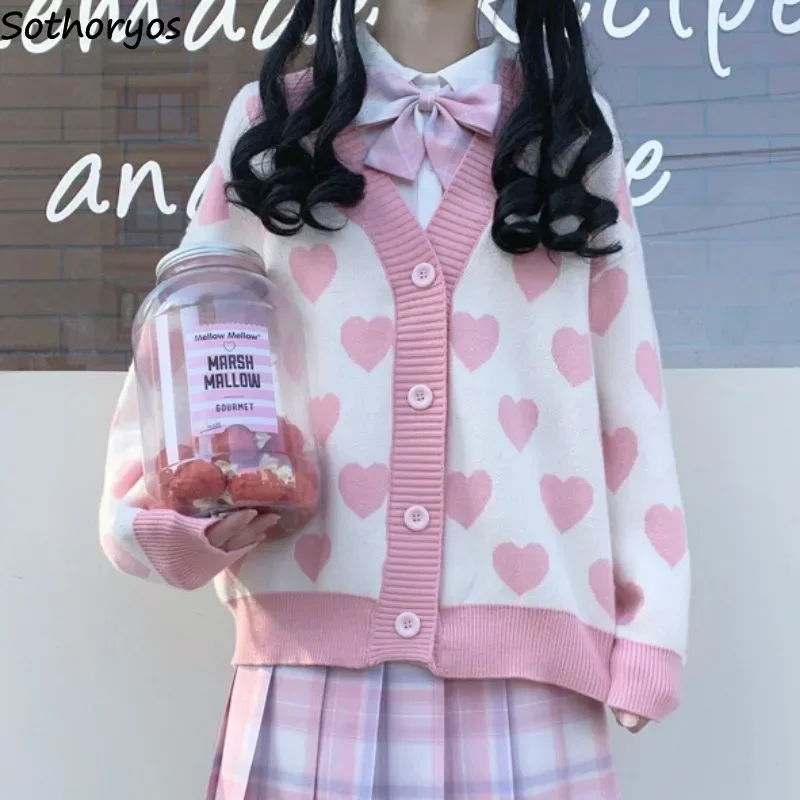 

Kawaii Sweater Cardigan Women Loose V-neck Sweet Schoolgirls Heart Printed Autumn Winter College Korean Style Casual Warm Knit