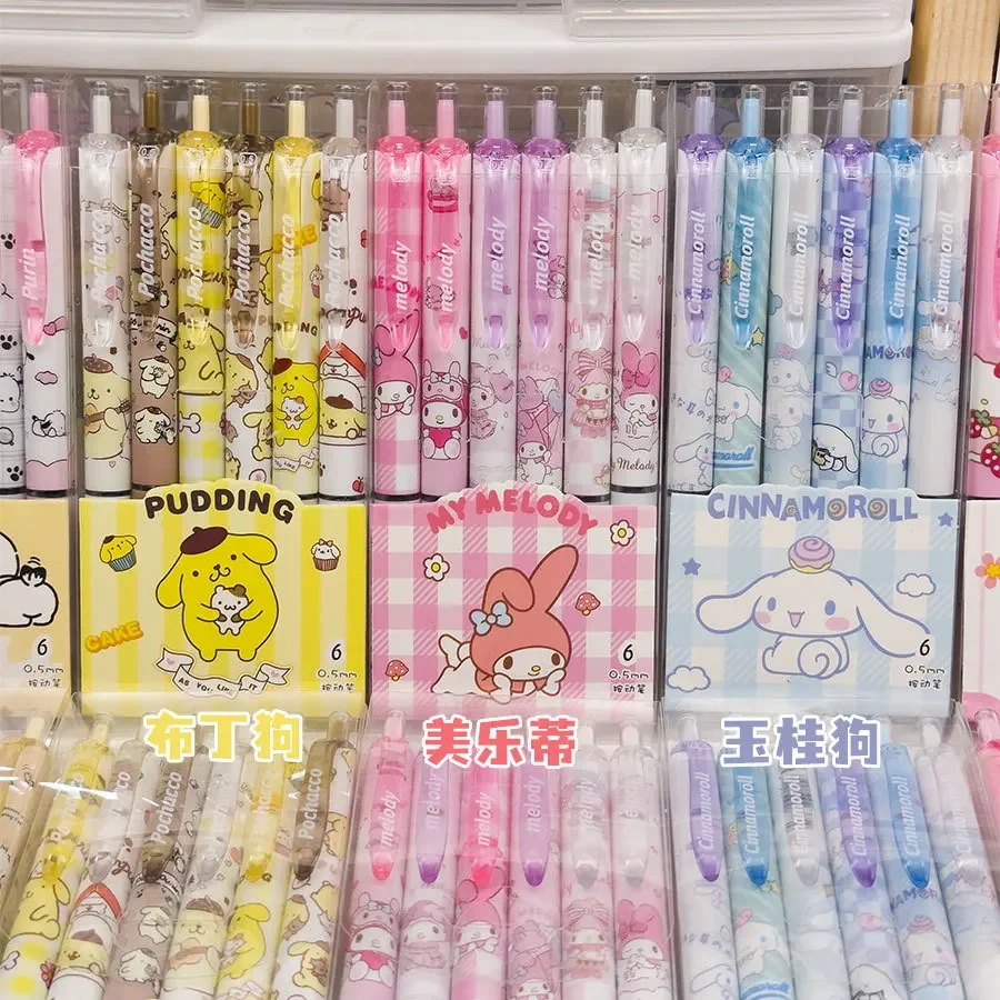 Sanrio 6pcs Series Gel Pen 0.55mm Refill Hello Kitty Y2k Cinnamoroll Kuromi MelodyCartoon Press Pen Black Stationery Supplies