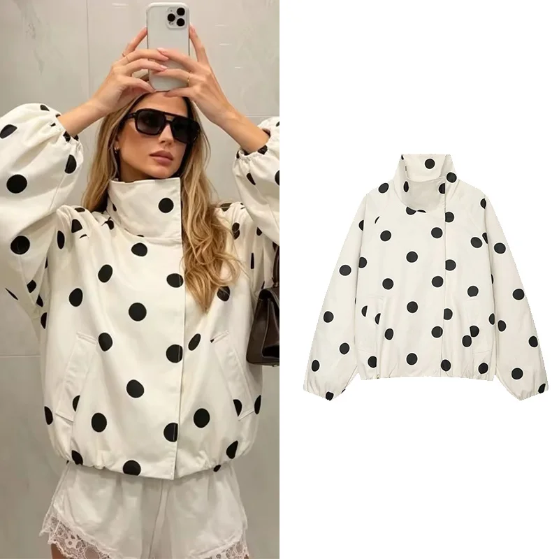 Fanan Women's Jacket with Asymmetric Polka Dot New 2026 Autumn Stand-Neck Long Sleeve Women Bomber Jacket Simple Feamle Coats