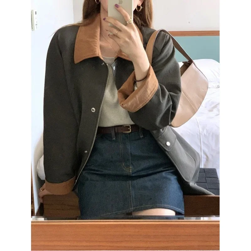 Turn Down Collar Korean Women Short Trench Coats Zipper Cardigan Solid Full Sleeve Splice 2023 Autumn Winter Casual Loose