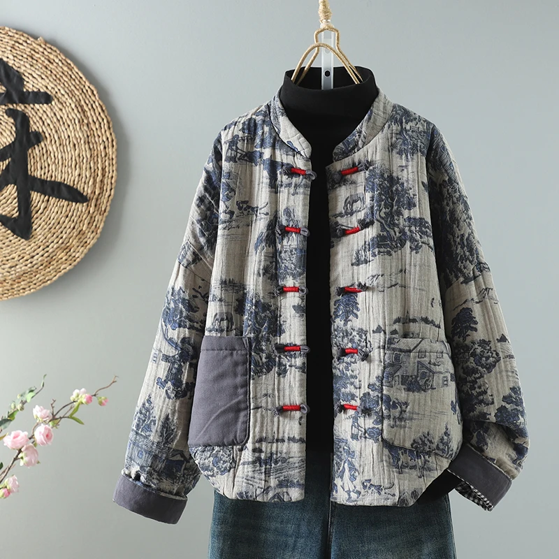 

Slimming ort Cotton Jaet Loose Fit Retro Artistic Women's Outerwear Autumn Winter New Sle Large Size Casual Versatile Top