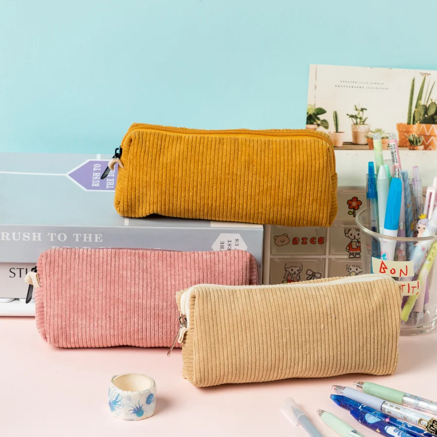 Solid Color Pencil Case Estuche Escolar Pencil Pouch Kalemlik Stationary Corduroy Pen Case School Supplies Trousse Pencilcase