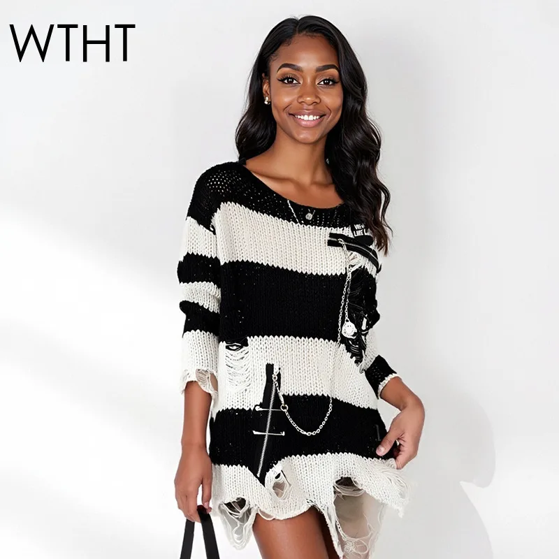 

WTHT модный новый женский полосатый вязаный свитер на молнии с цепочкой, осень 2022, модные пуловеры с круглым вырезом и длинными рукавами, женские 1LS2402