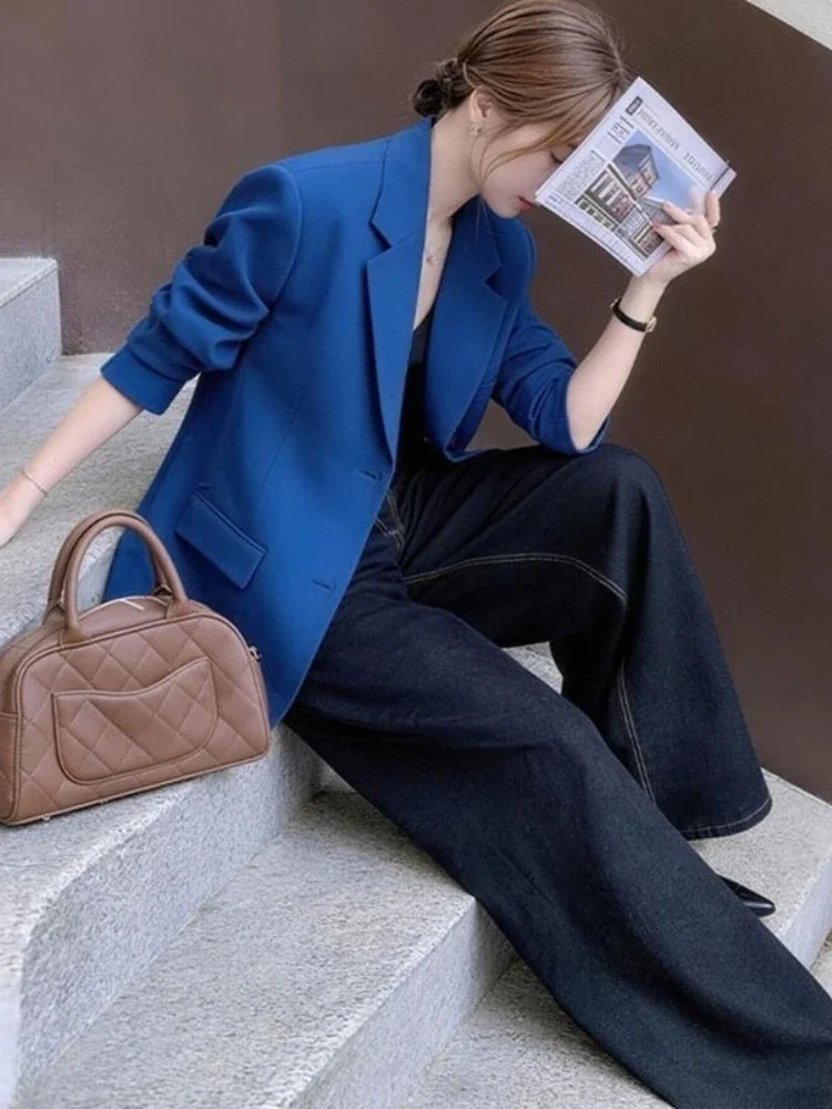 2026 Women Klein Blue Blazer Loose Fit Chic Versatile Jacket Spring Autumn Elegant Casual Work Suit Outerwear