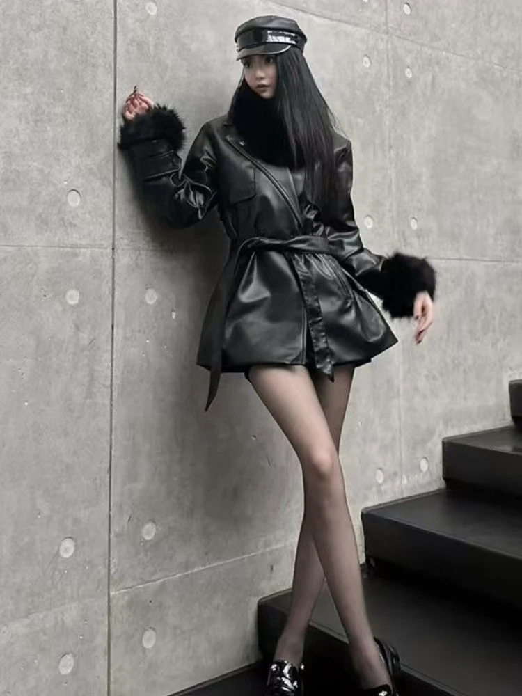 

Winter Vintage New Black Loose Leather Jacket Women High Street Design Gothic Long Sleeve Coat Y2k Cool Girl Autumn Clothing