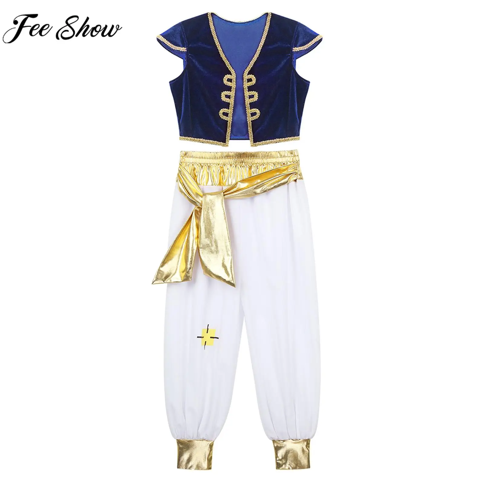 

Children Arabian Prince Cosplay Costume Vest Waistcoat with Pants Halloween Theme Party Carnival Fairy Tales Role Play Clothes