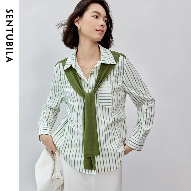 SENTUBILA femmes vert rayé chemises 2025 Patchwork écharpe décontracté jeune à manches longues haut femme automne vêtements 143C57367X
