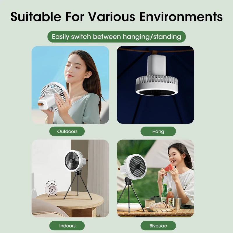 مروحة التخييم 10000mAh القابلة لإعادة الشحن سطح المكتب للخارجية المنزل اللاسلكي السقف مروحة كهربائية محمولة مع ضوء الليل ترايبود مروحة