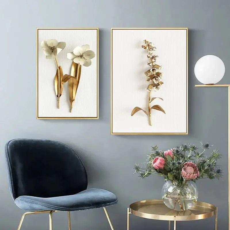 Nordic Golden Plant Leaves and Flowers Wall Art Pictures Canvas Painting Quadro Posters and Prints Cuadros for Living Room De