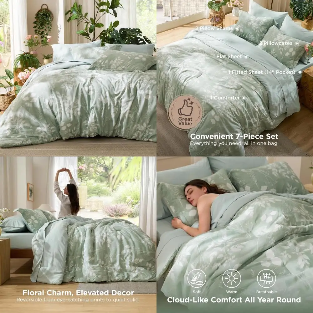

7-Piece Sage Green Floral Comforter Set with Sheets, Pillowcases, and Shams for Queen Beds