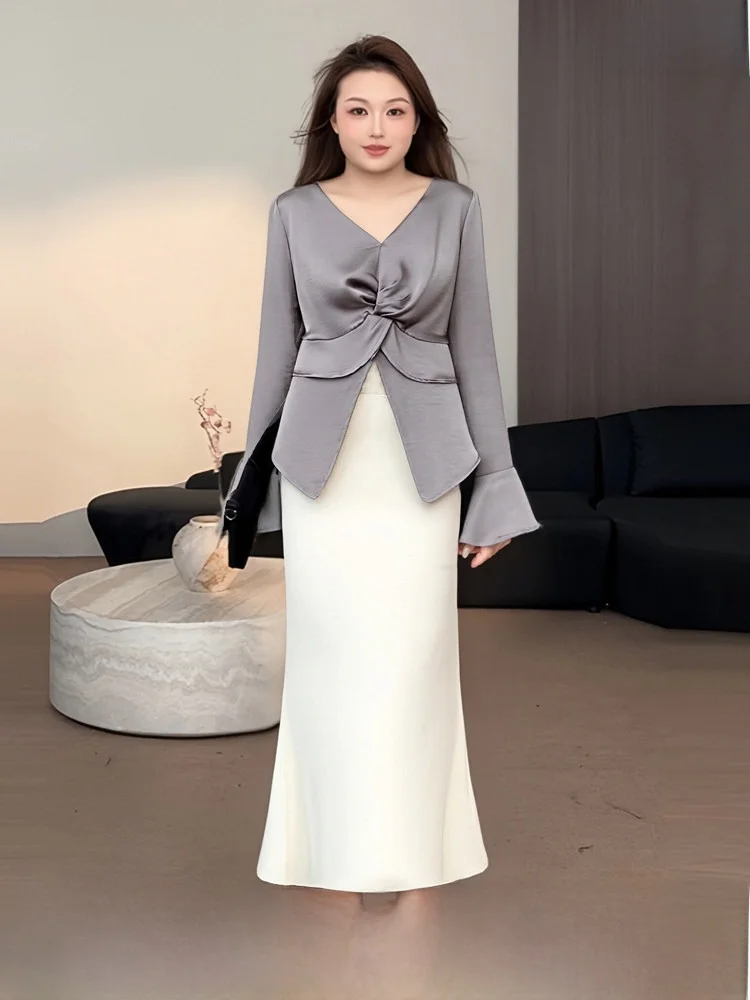 

Женский весенний модный комплект больших размеров: атласная блузка и юбка А-силуэта с высокой талией, длинными рукавами и V-образным вырезом