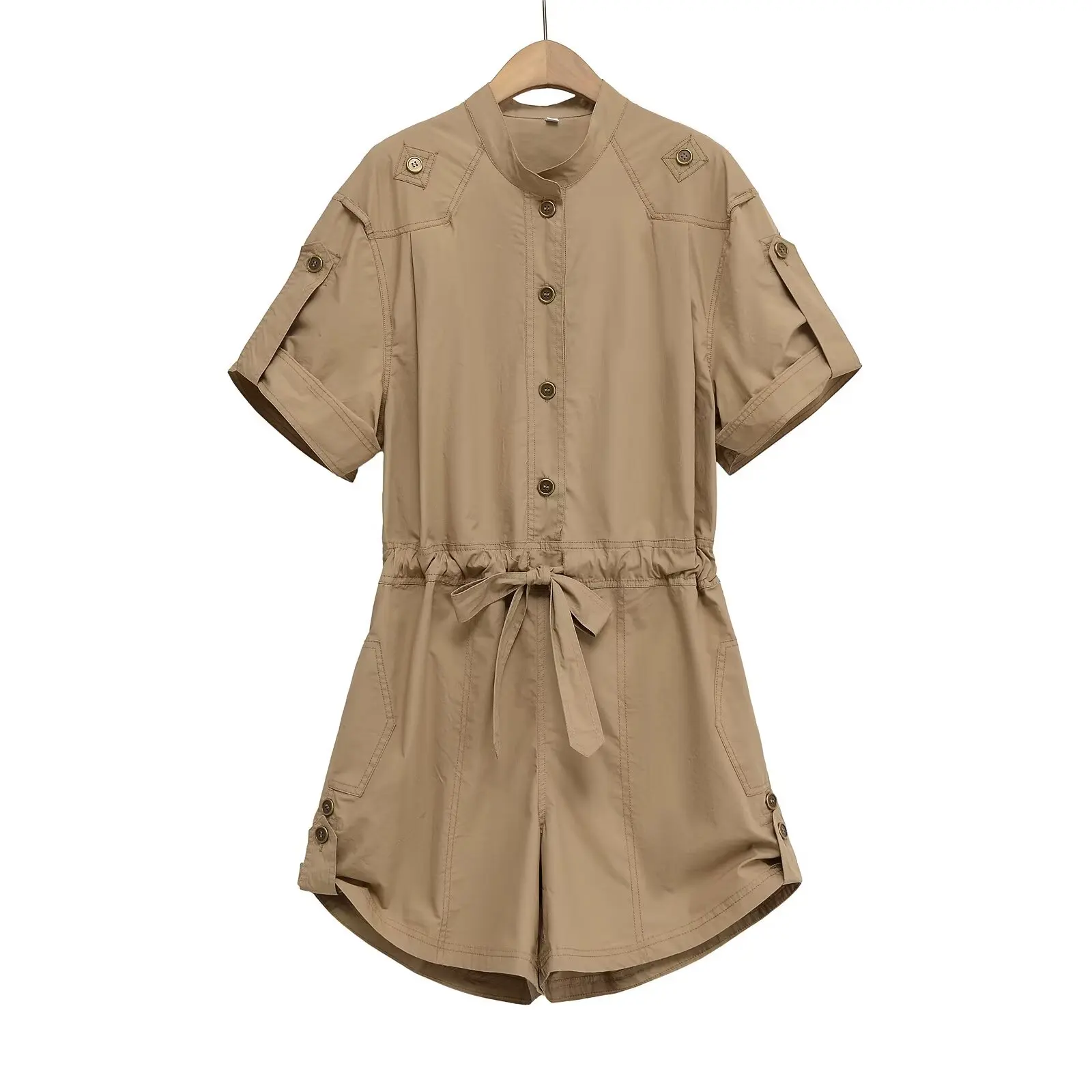 

Женский комбинезон, повседневный модный универсальный комбинезон с круглым вырезом и закрученными краями, с короткими рукавами, на шнуровке, темпераментный летний новый комбинезон