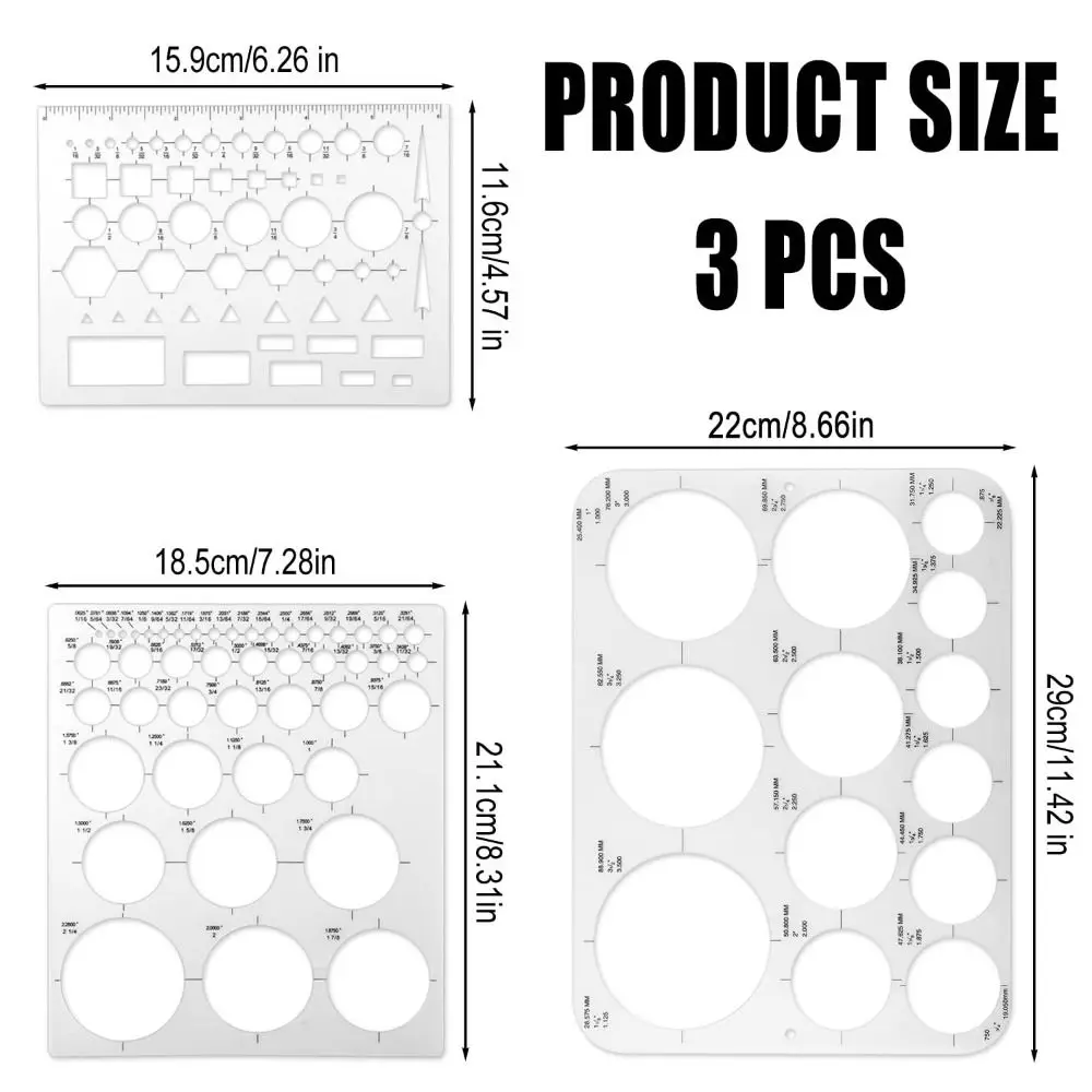 3Pcs 3 Sizes Round Templates Transparent DIY Multifunctional Geometric Ruler Multi-use Durable Circle Stencils for Drawing