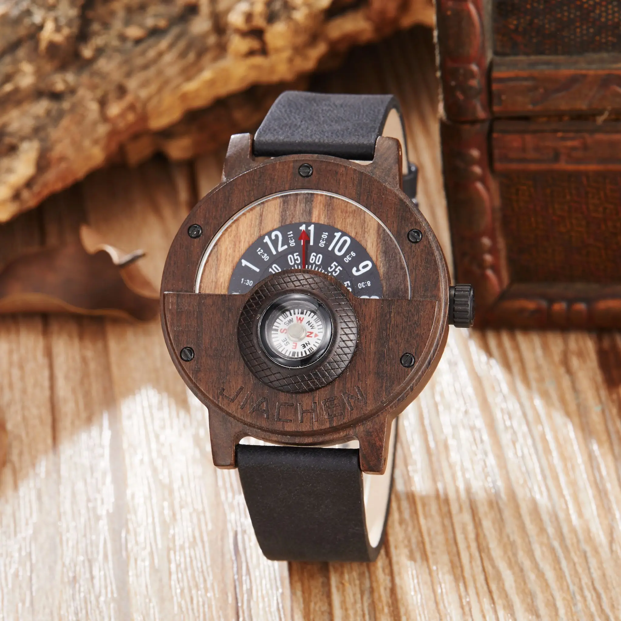 Men's wooden watch quartz leather watch multifunctional compass men's clock natural solid wood Reloj